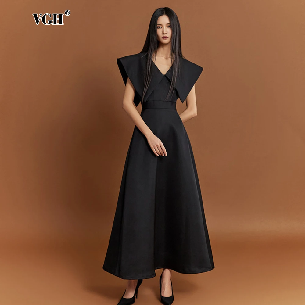 VGH Elegant Slimming Temperament Long Dress For Women V Neck Short Collar High Waist Elegant Luxury Evening Dress Female Fashion