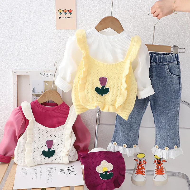 Baby Girls Clothing Sets Spring Children Knitted Vest Bubble Sleeve T-shirt Jeans Infant Floral Princess Clothes Kids Outfits