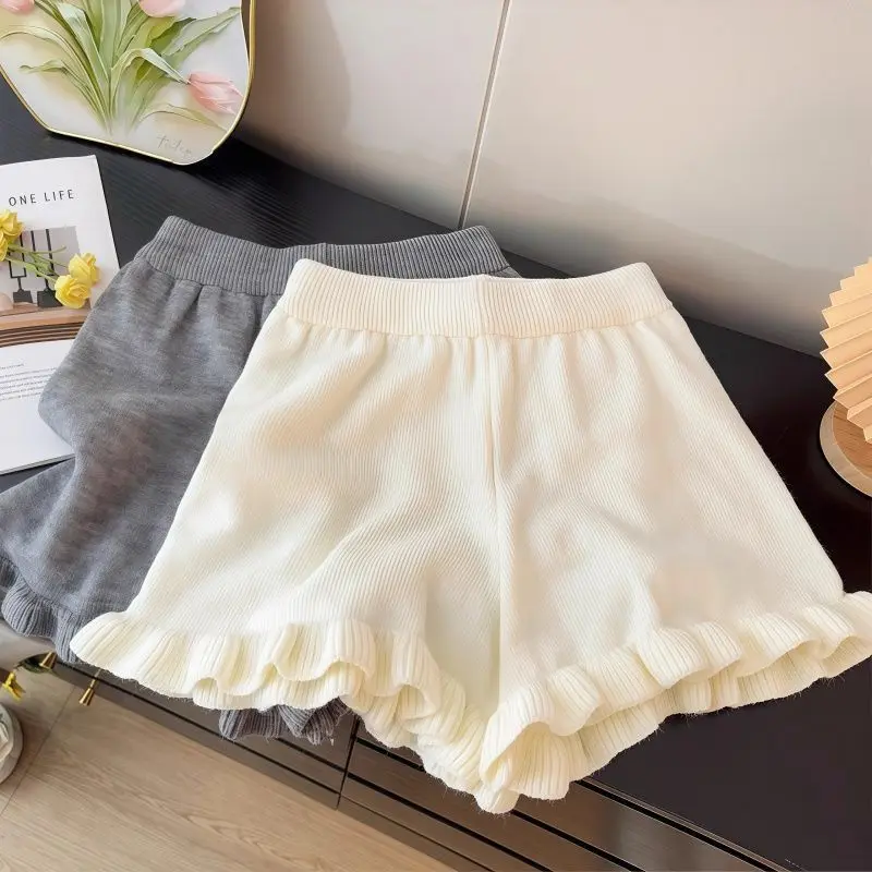 

New autumn and winter high waisted ins wood ear edge shorts women solid color casual versatile simple trendy knitted shorts