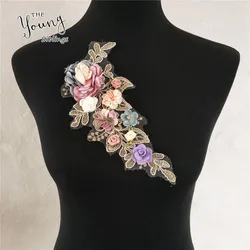 Rose Floral With Rhinestone Applique Bridal Gown Lace Embroidery Patches DIY Lace Collar Neckline Decorate Sewing Craft Supplies