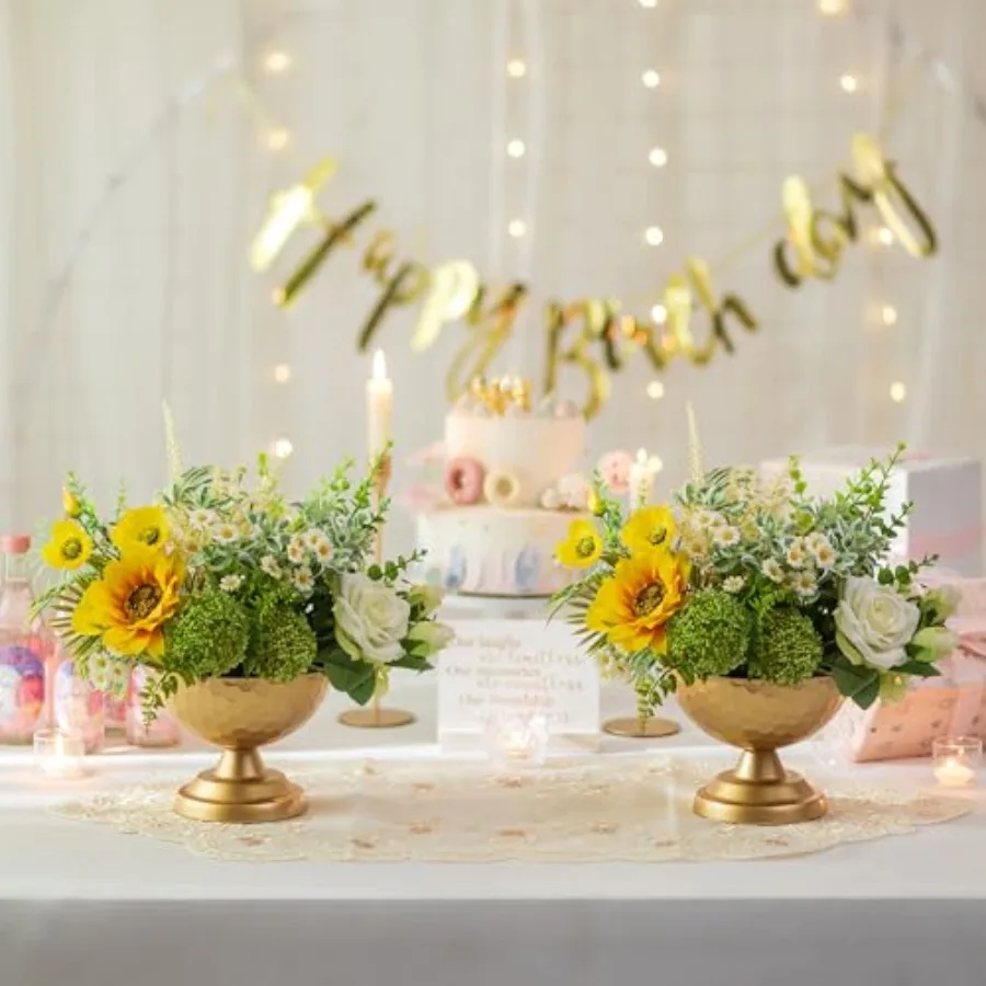Wedding table decor: gold metal urn vases 5.5in vintage honeycomb design set of 10 small flower arrangement pots for party rece
