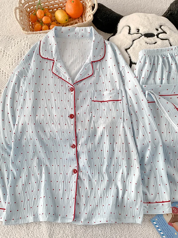 Sweet Red Polka Dot Korean Style Sleepwear Set for Women Spring Autumn Long Sleeve Long Pants Pleated Cloth Home Clothes