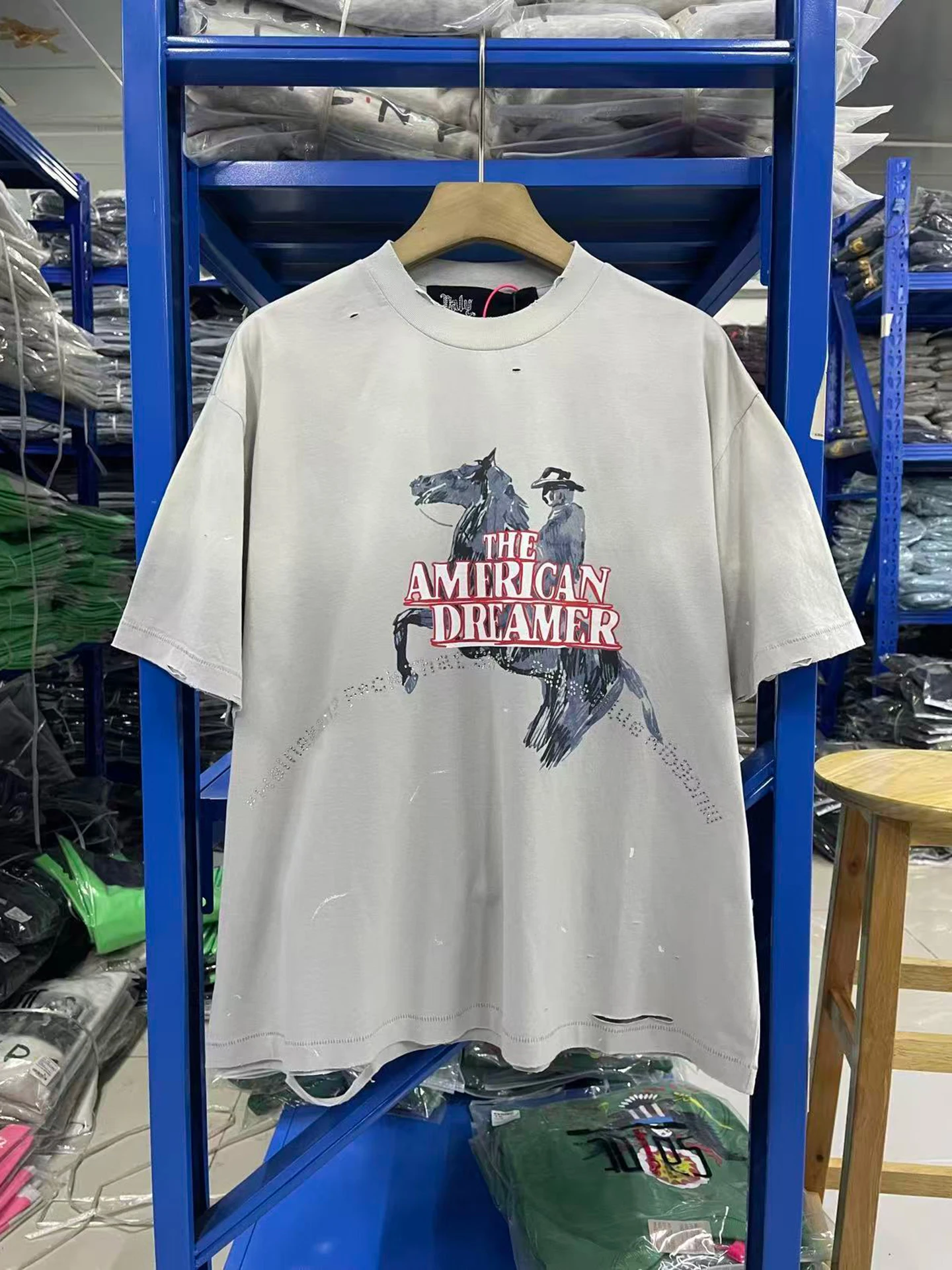 

American High Street Paly Rhinestone Print Hole Heavyweight Worn Loose Short Sleeve T-Shirt Men Casual Style Cotton Sum...