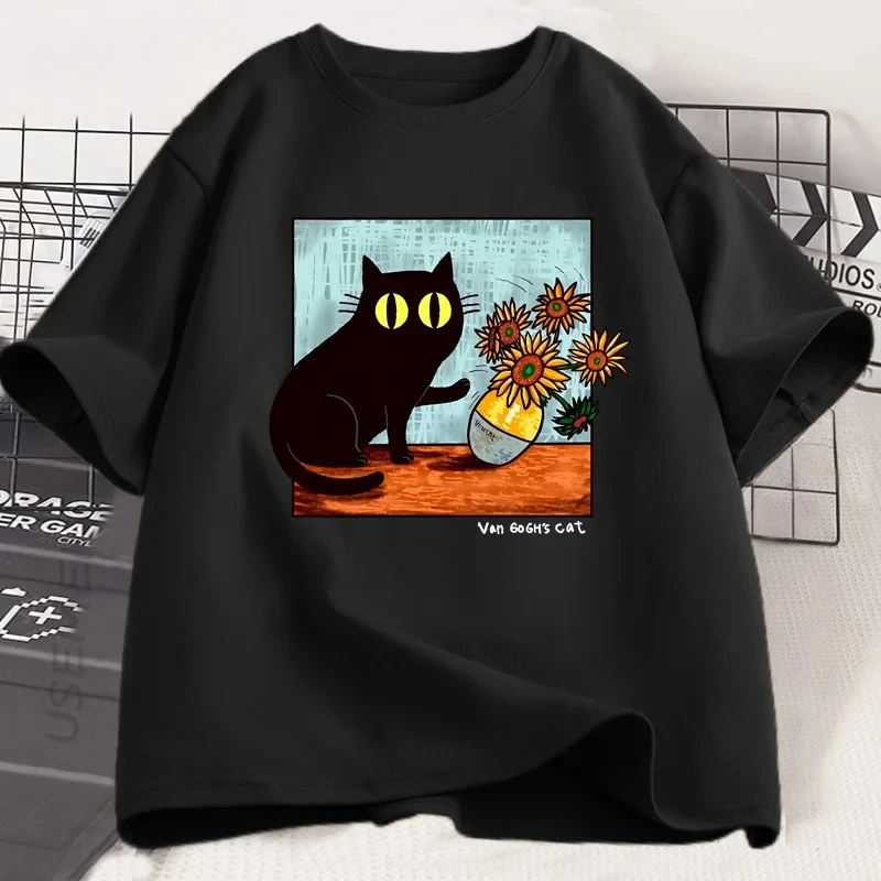 Van Gogh Cat Graphic T Shirts Men Women Flower Black Cat T-shirt Round Neck Short Sleeve Trendy Tee  Kawaii Women's Y2K Clothing