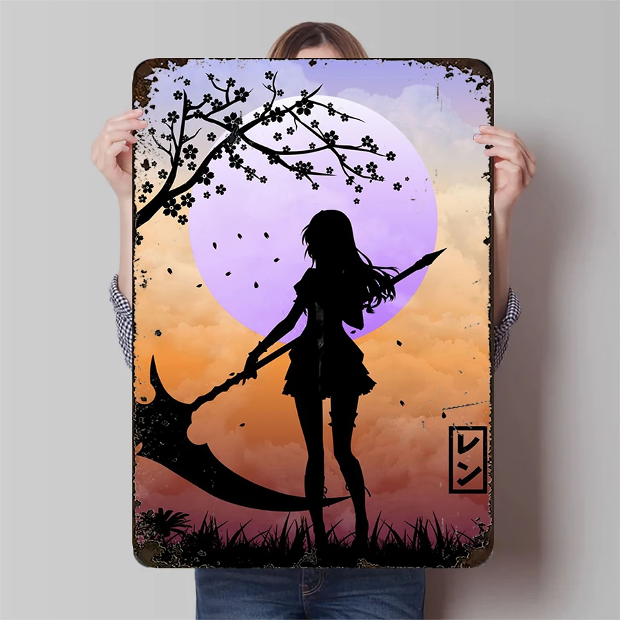 Póster de Metal con silueta de Chica de Anime, arte decorativo de pared con lanza, Sakura, luz de luna, para decoración de sala de juegos Otaku