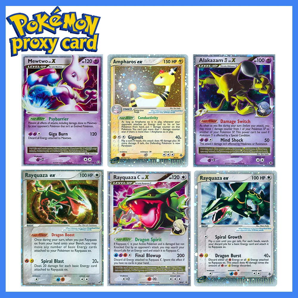 Cartas Pokémon Raras Holo: Conjunto Mewtwo, Rayquaza, Deoxys, Ampharos, Alakazam - Coleção de Cartas de Jogo Holográficas Individuais e Cartas Proxy Pokémon