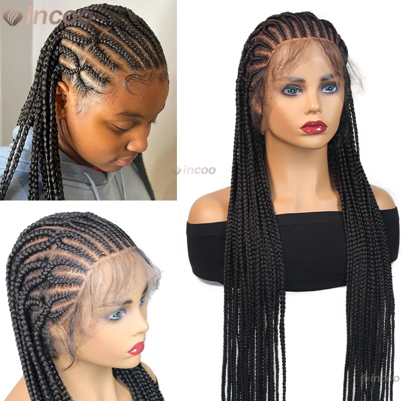

36" Cornrow Criss Cross Braided Wigs Synthetic Lace Front Wigs for Black Women Knotless Box Braids Hair With Baby Hair