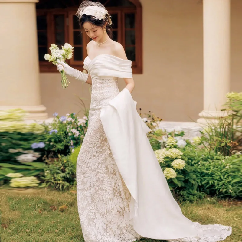 Robe De mariée blanche style sirène, col bateau, deux pièces, manches longues, 웨드레레레, balayage à lacets, traîne, corée, 2023