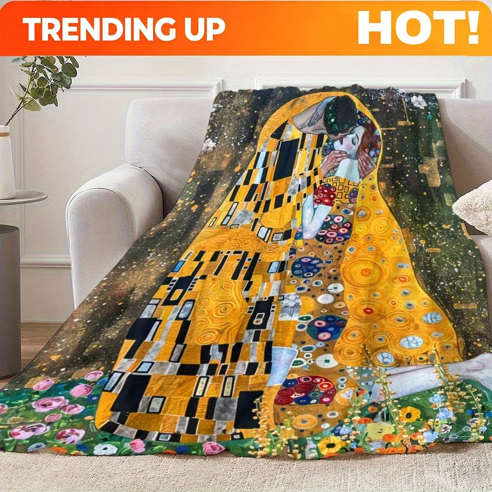 Couverture douce en flanelle inspirée de l’œuvre « Le Baiser » de Klimt, personnalisable – confortable et chaude, idéale pour les siestes, le camping, les voyages et le bureau.