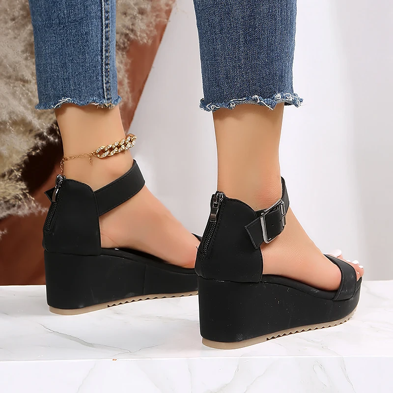 Wedges Thick Platform Sandals Women 2023 Summer Zipper Cover Heel Sandalias Woman Non Slip Open Toe Casual Shoes Large Size 43