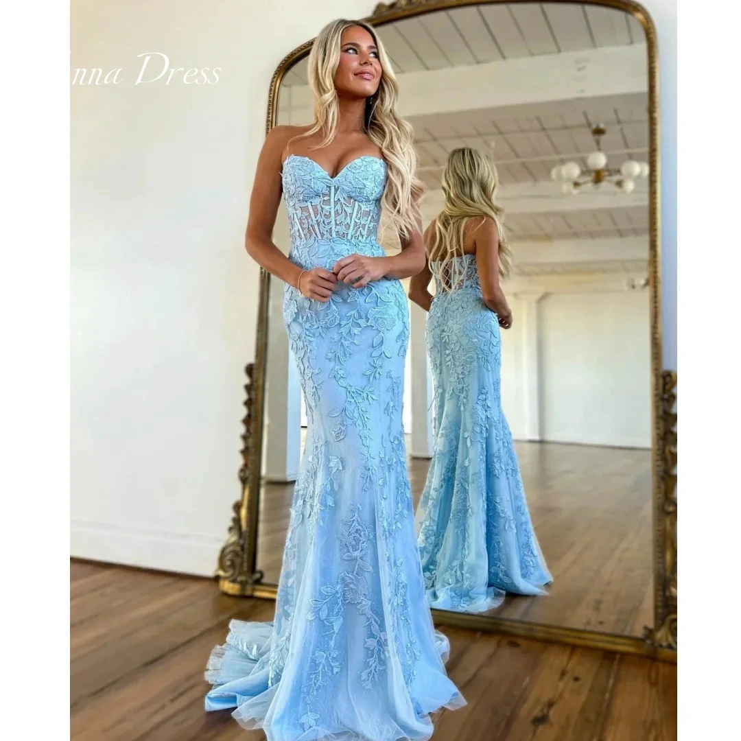 

Anna Evening Dresses Woman Elegant Luxury Evening Dress 2024 Embroidered Lace Sky Blue Fish Tail Party Dress for Wedding Prom