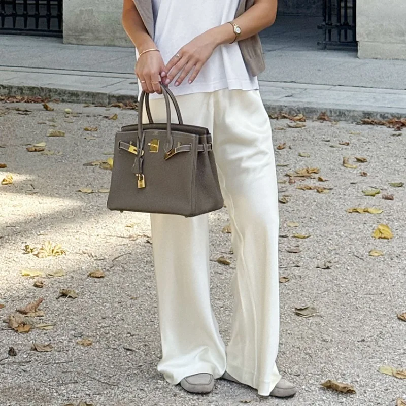 Women Satin High Waist Wide Leg Pants Elegant Solid Color Straight Trousers Loose Office Business Casual Long Pants For Women