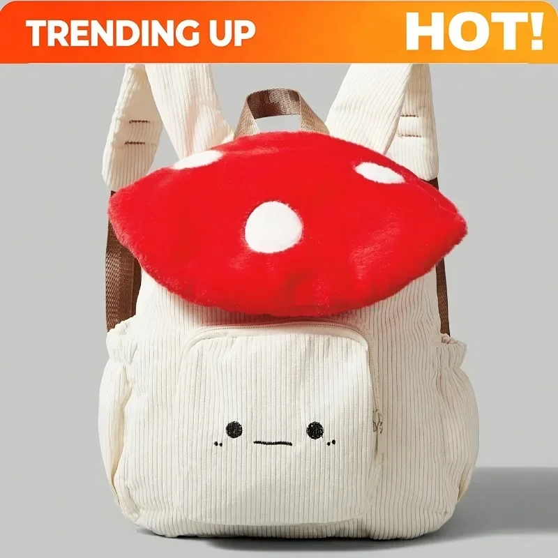 Women's Kawaii Plush Mushroom Backpack Cute Tote Bag With Adjustable Straps Zipper Closure Corduroy Red/White Student Backpacks