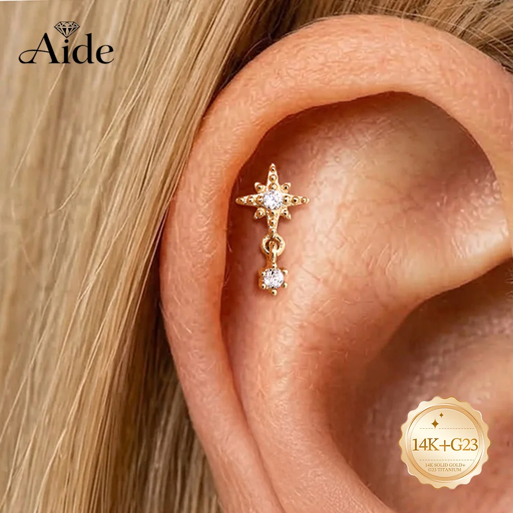 Подвеска AIDE из цельного золота 14K с восьмиугольной звездой и цирконом, женская, из титана G23, с плоской задней частью, для пирсинга уха, свадебные украшения