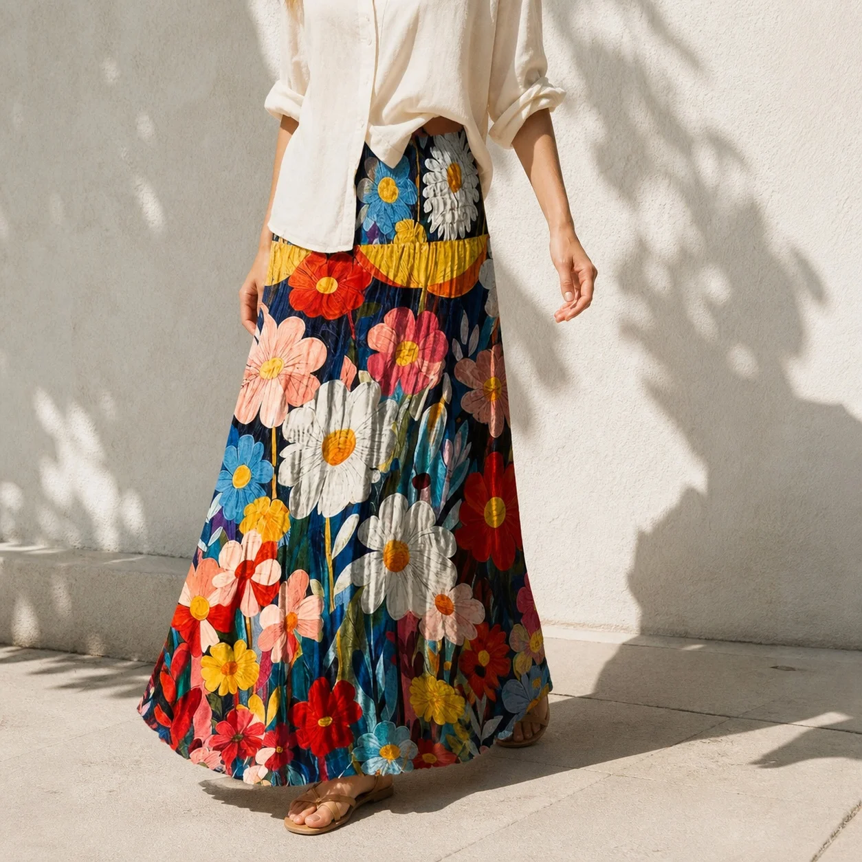 Women's Boho Floral Print Elastic Waist Midi Length Vintage Casual Long Skirt for Women Vacation Wear Female Clothing Summer