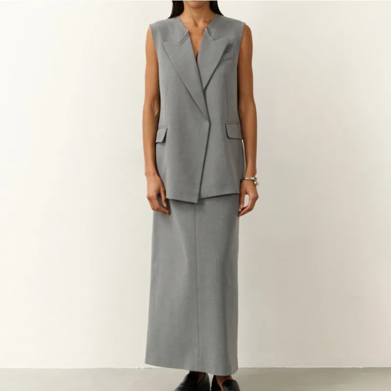 Elegant Women 2 Piece Outfit Set, Minimalist Commuter Suit, V Neck Sleeveless Blazer Vest & Split Midi Skirt Office Matching Set