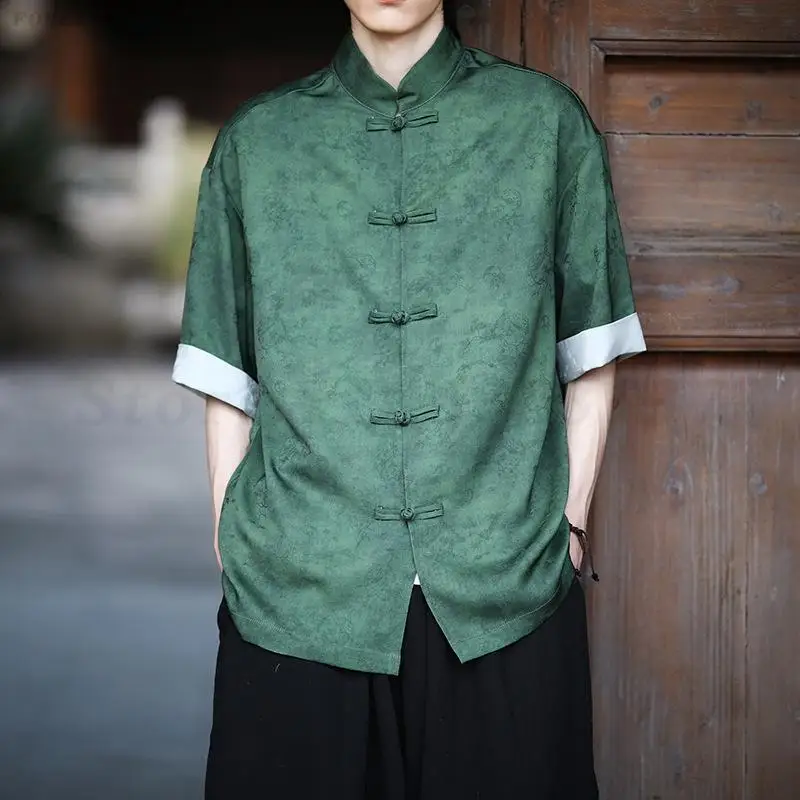 

Summer Men's Satin Shirt Vintage Button Hanfu Blouse Ancient Style Tang Costume Male Loose Casual Jacquard Zhongshan Suit Tops