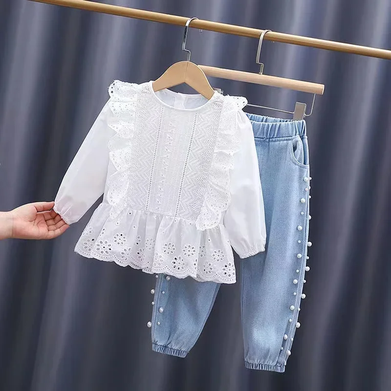 2024 New Spring Autumn Baby Clothes Suit Girls Outfit Sets Baby Girls Shirts+ Denim Pants 2024 Pearl Sets 2 To 7 Years