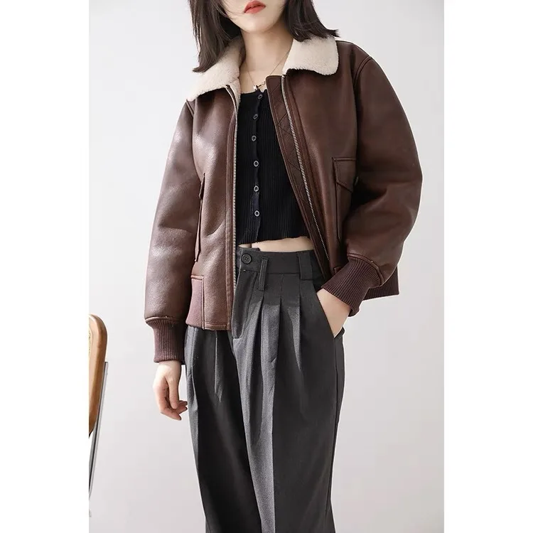 Chain Haining new wool granule inner genuine fur 2024 spring women's casual lapel short jacket