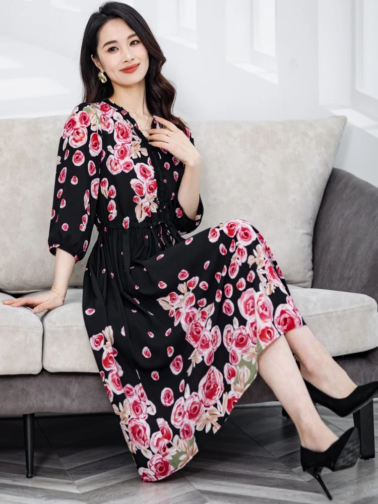 

Silk V-ne Long Dr Women's Spring Summer New Sle A-line Skirt Silk Tea Break Floral Print Slimming Midi Dr