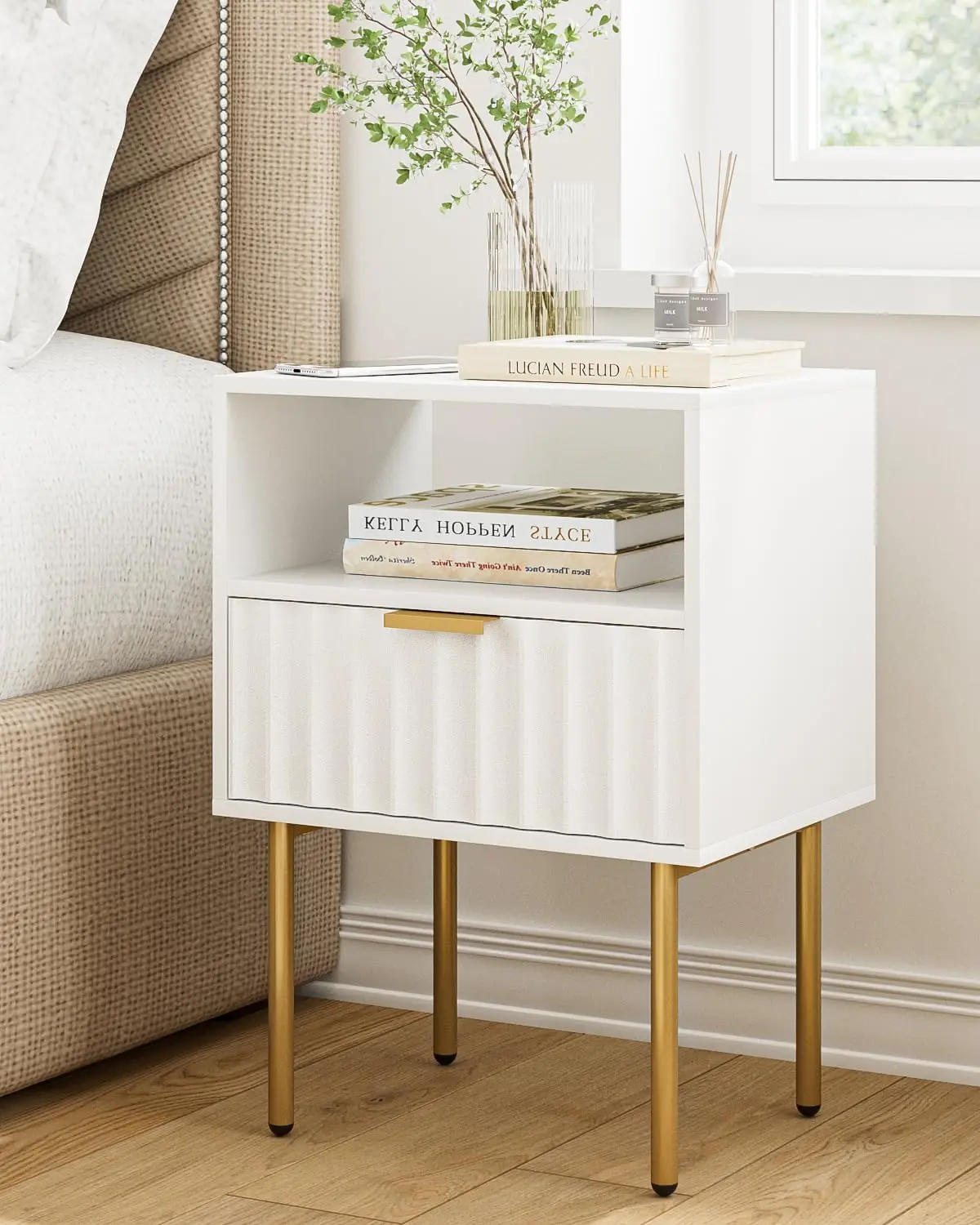 

Night Stand,Modern Bedside Table with Drawer and Shelf,White Night Stand with Gold Frame,Small Side Table for Bedroom,Living