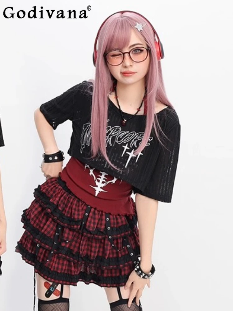 

Summer New Personality Subculture Y2k Short Blouse T-shirt Vest Black White Plaid Lace-up Elastic High Waist Age-reducing Skirt