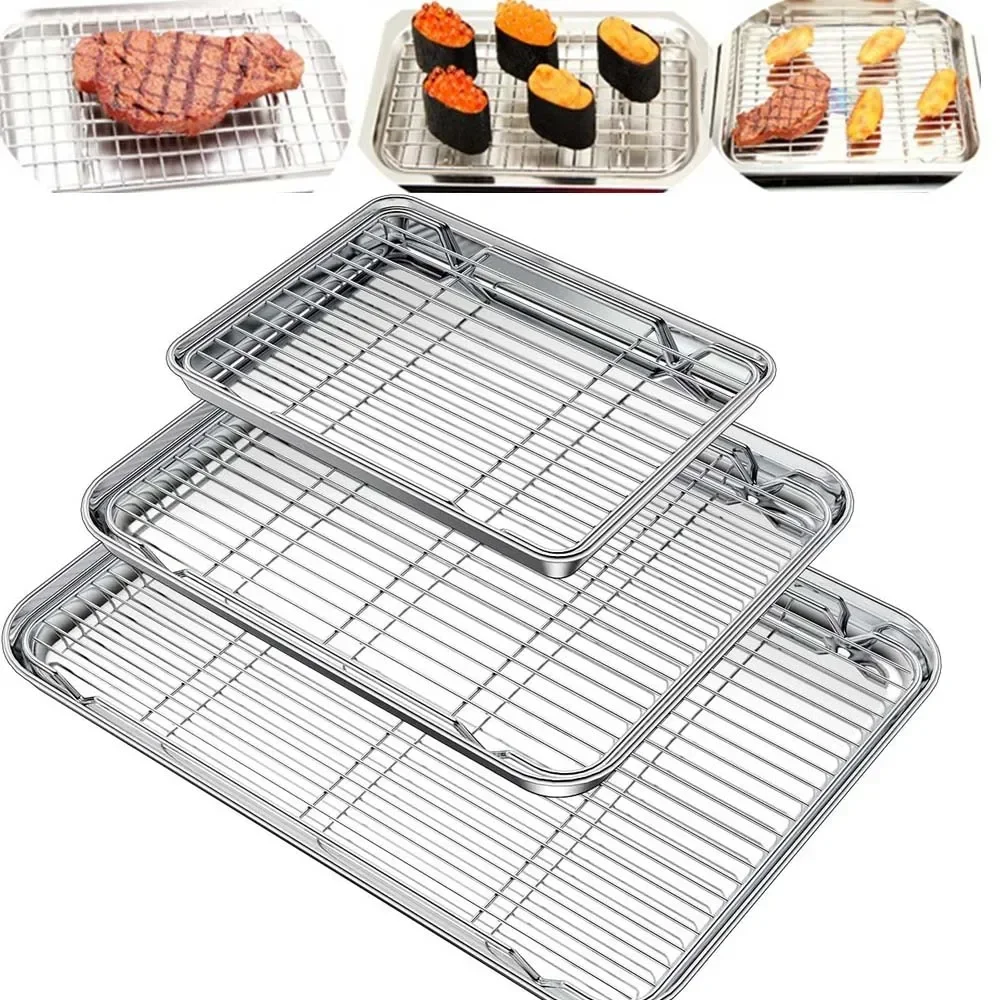 

Stainless Steel Baking Pan Tray with Wire Rack Durable BBQ Kitchen Accessories for Even Heat Distribution and Food Presentation