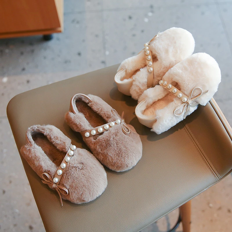 Toddler Girls Winter Furry Flat Shoes Pearl Bow Elastic Strap Warm Plush Princess Dress Shoes