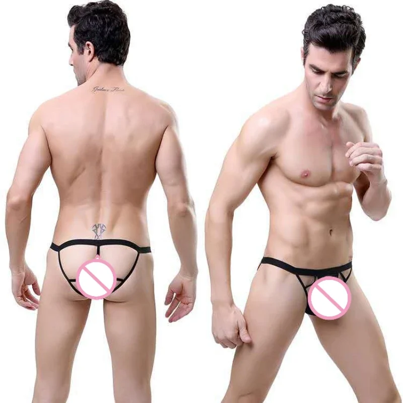 Ropa interior Sexy Gay para hombre, calzoncillos transpirables cómodos con parte trasera en T, Color sólido, Color negro