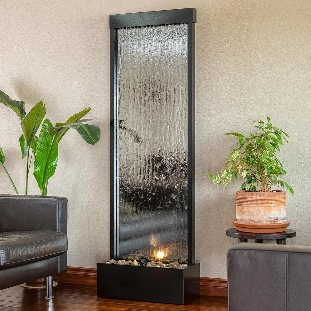 

2024 New Indoor/Outdoor Contemporary Floor Mirror Water Fountain with Natural Stones and Light, 72", Silver