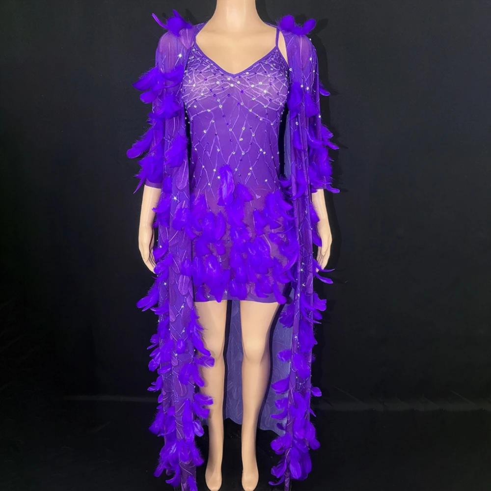 Robe de soirée serrée à manches courtes avec pompons en plumes personnalisés, manteau adt transparent, maille en dentelle, perle sexy, performance sur scène, nouveau