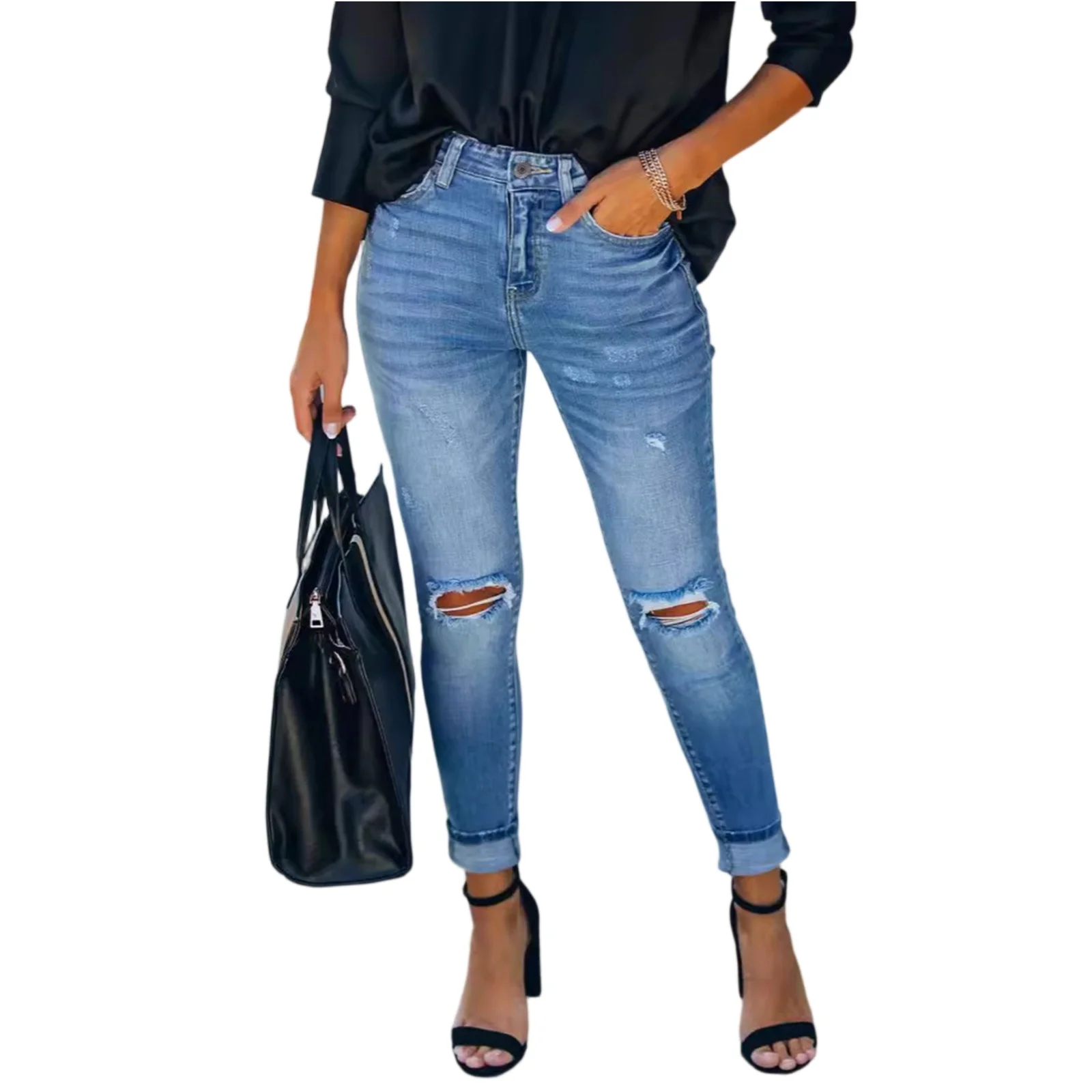 Women Jeans Holes Pencil Pants Washing Denim Pockets Sexy Sheath High Waist Slim Fit Zipper Jeans Vintage Inspired Daily Uniform