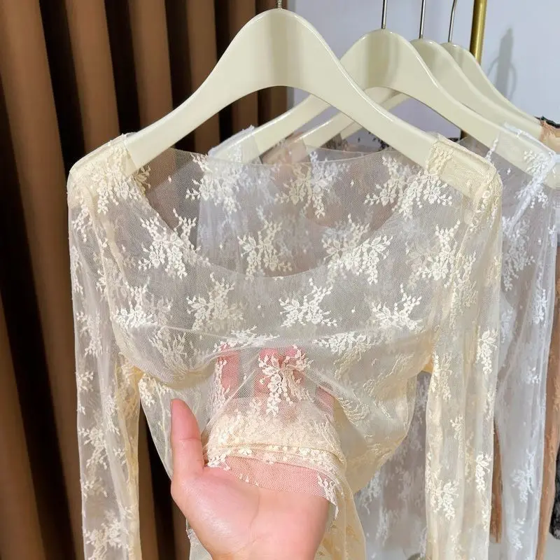 Y2k Sexy O-neck Lace Lightweight T-shirt Stylish Layering Transparent Tulle Top Long-sleeved T-shirt Women's Streetwear Shirts