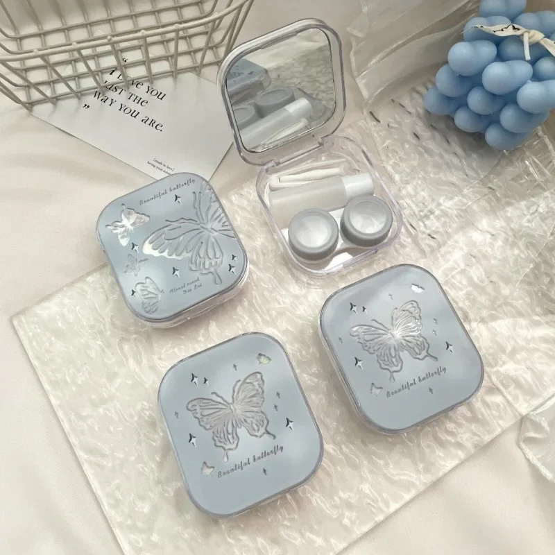 1 Piece Aesthetic Butterfly Contacts Lenses Case Grey Blue Color Laser Exquisitely Colored Contact Lenses Organizer Contact Box