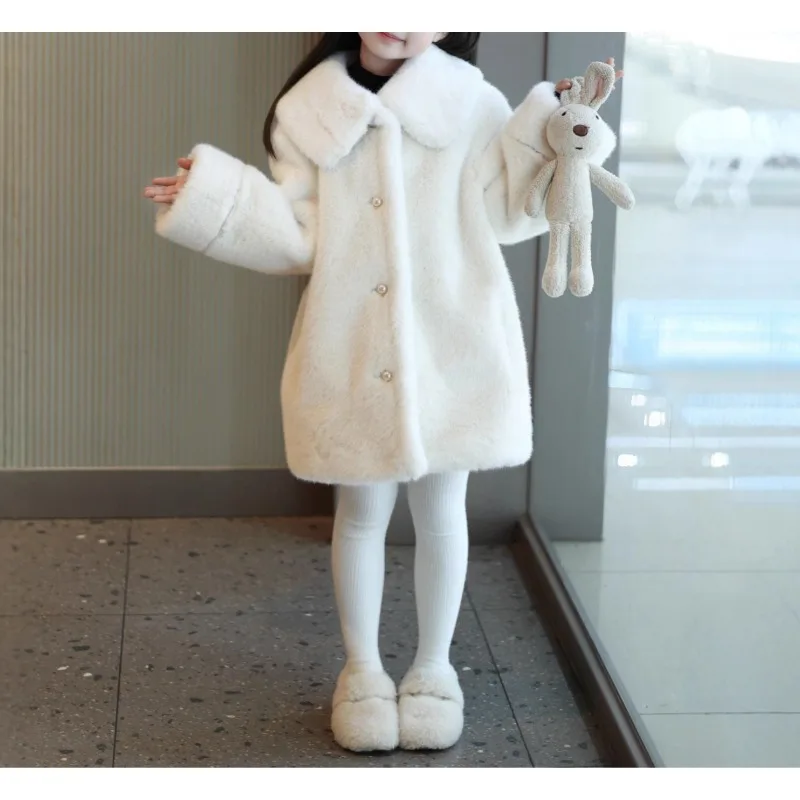 2026 New Winter Clothing Girls Fur Jacket Medium and Older Children Lapel Imitation Mink Fur Coat Thickened Long Fur Top