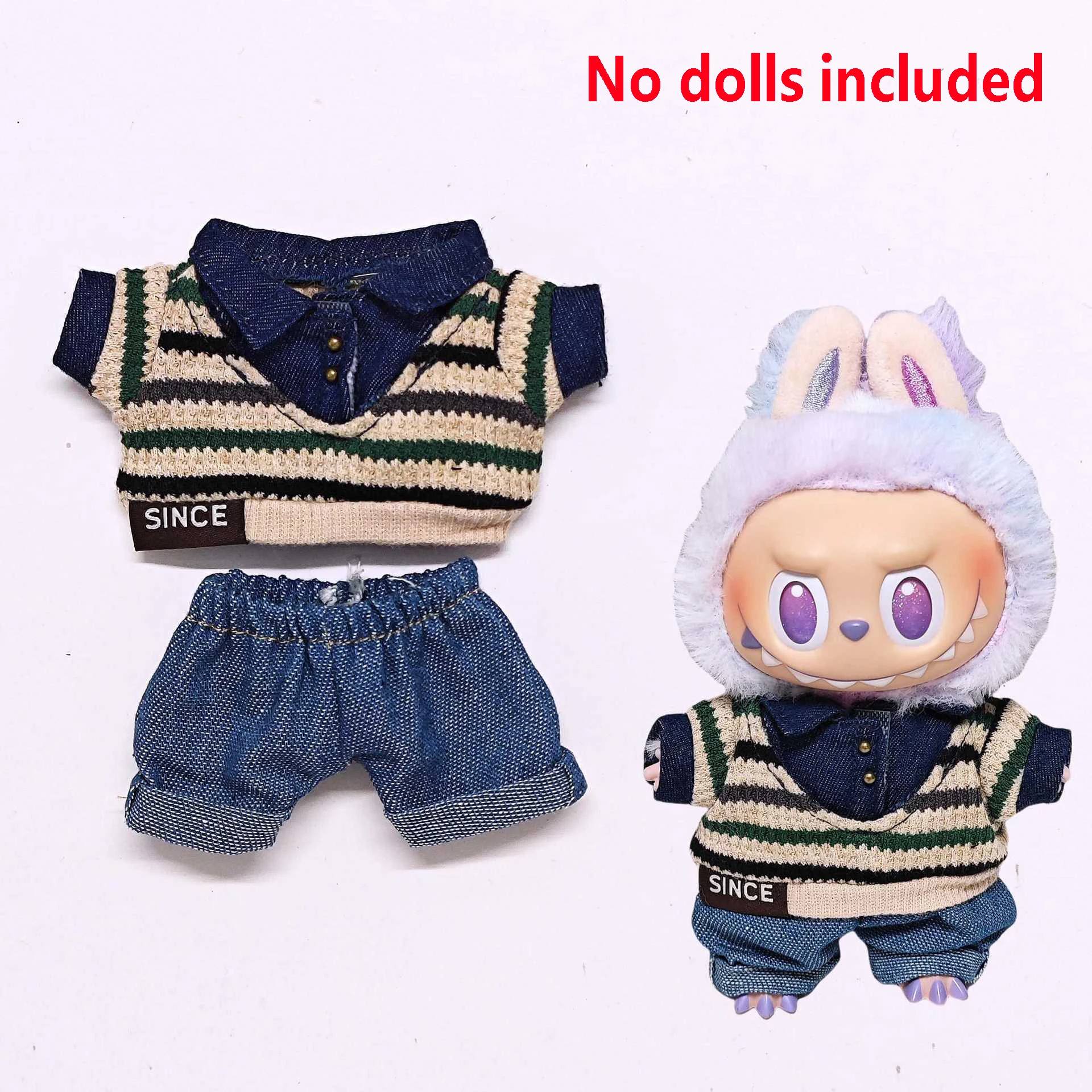 Voor Labubu Hoge kwaliteit poppenkleding 15-17CM Vissershoed Gestreepte trui Set Labubu Universele kleding