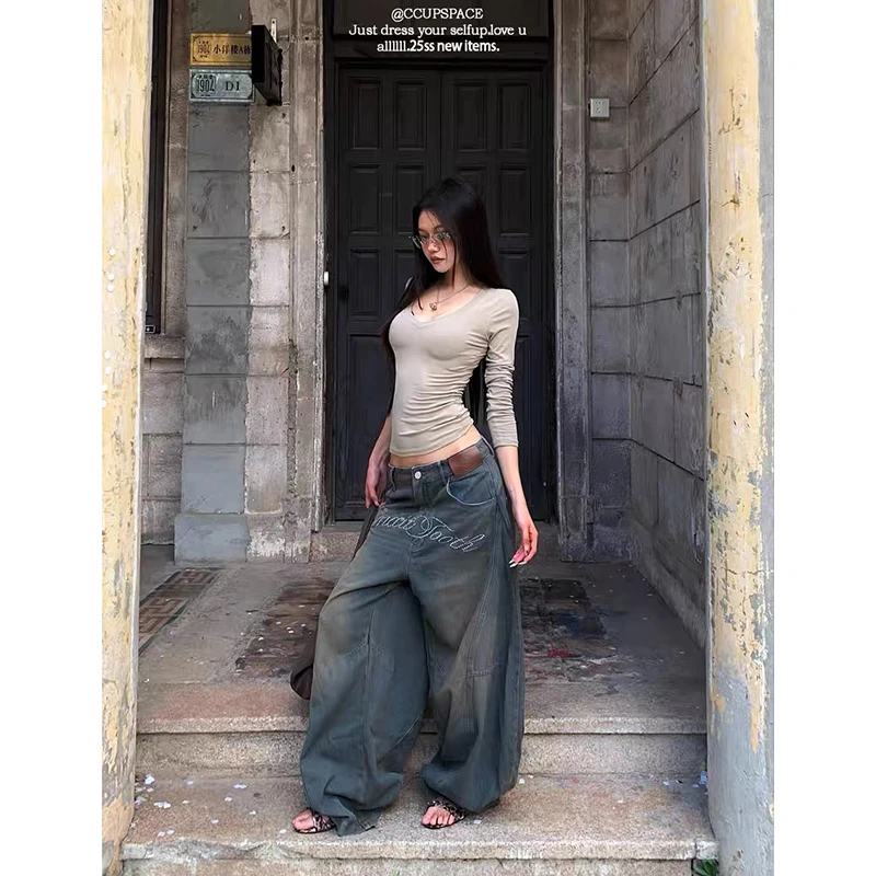 女性ヴィンテージブルー Y2k バギージーンズストリート原宿ボーイフレンドデニムパンツ美的 2000 年代パンツオーバーサイズ服
