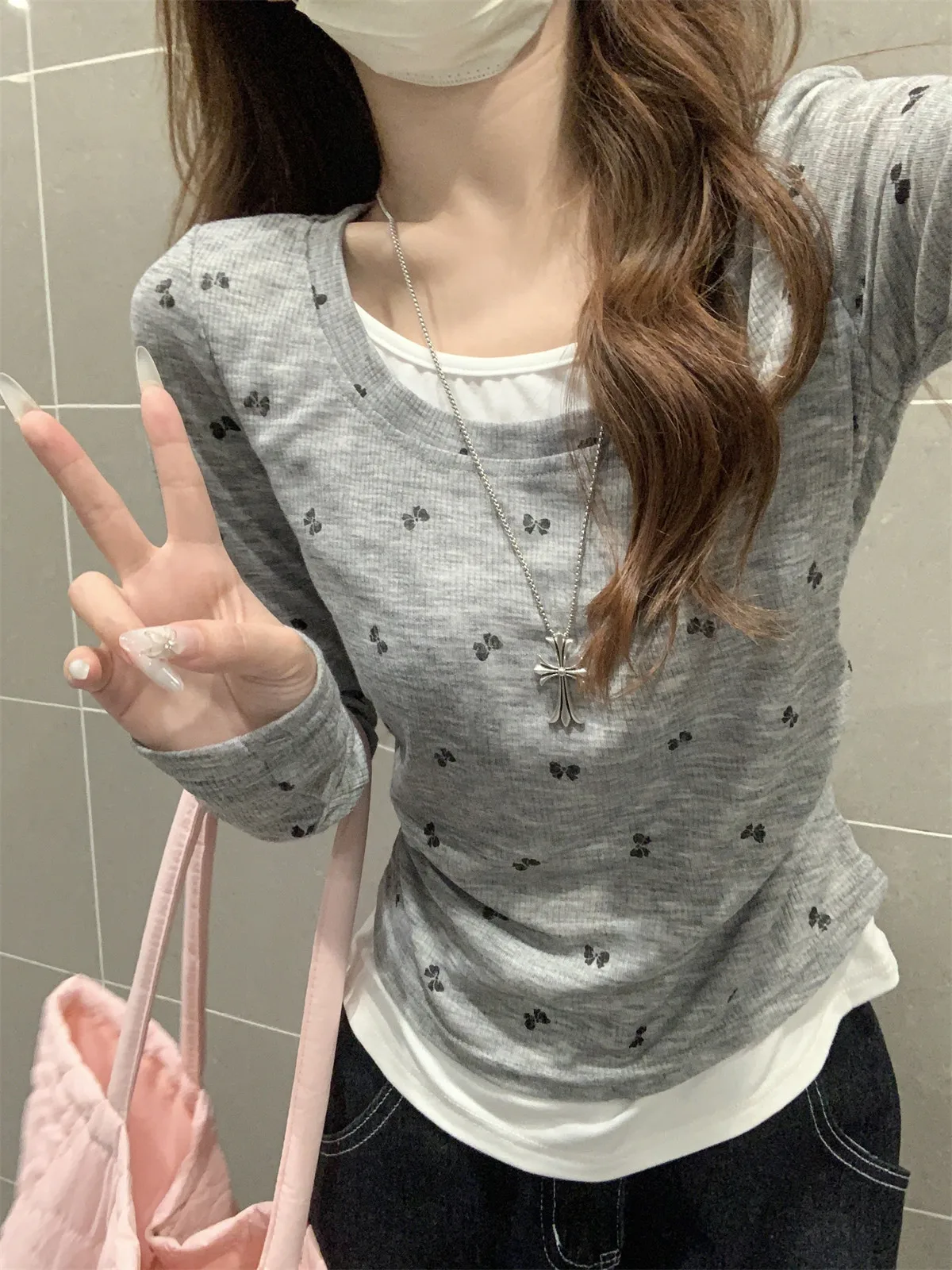 Pure Desire Style Long Sleeve T-Shirt Women's Slim Fit Base Layer Shirt  Print Autumn Gray Top Versatile Bottoming S...