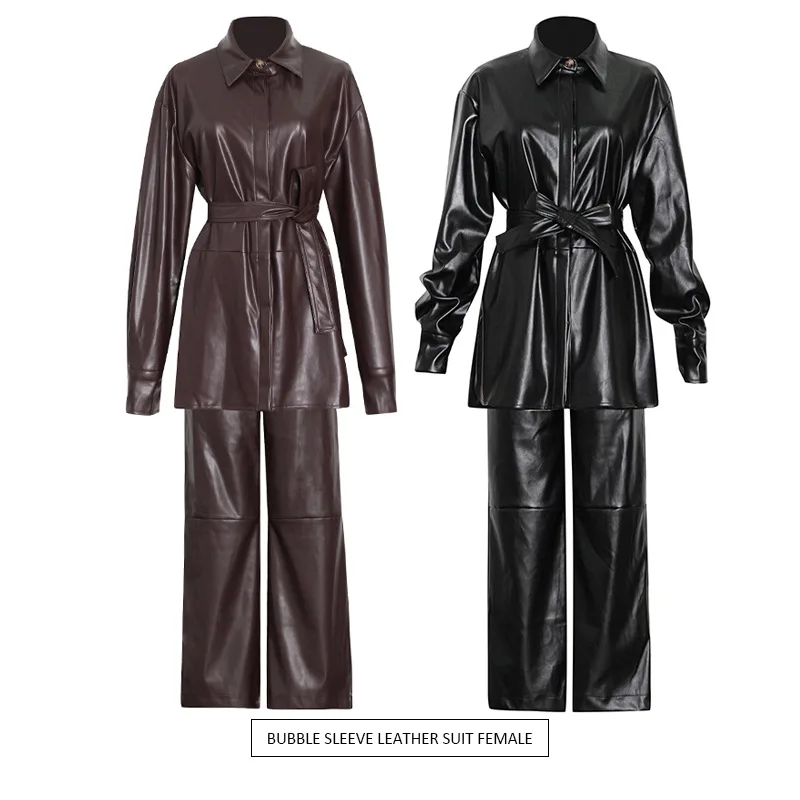 

Spring Autumn Women Fashion Casual Suits Waist Top + High Waist Wide Leg Pants PU Leather Lapel Lace Suit