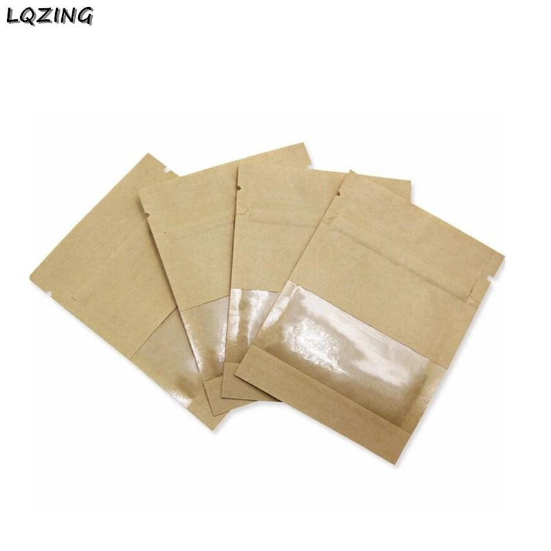 

20pc Brown White Kraft Paper Zip Lock Bag with Window Self Seal Tear Notch Black Dustproof Edible Packaging Pouches for Food Tea