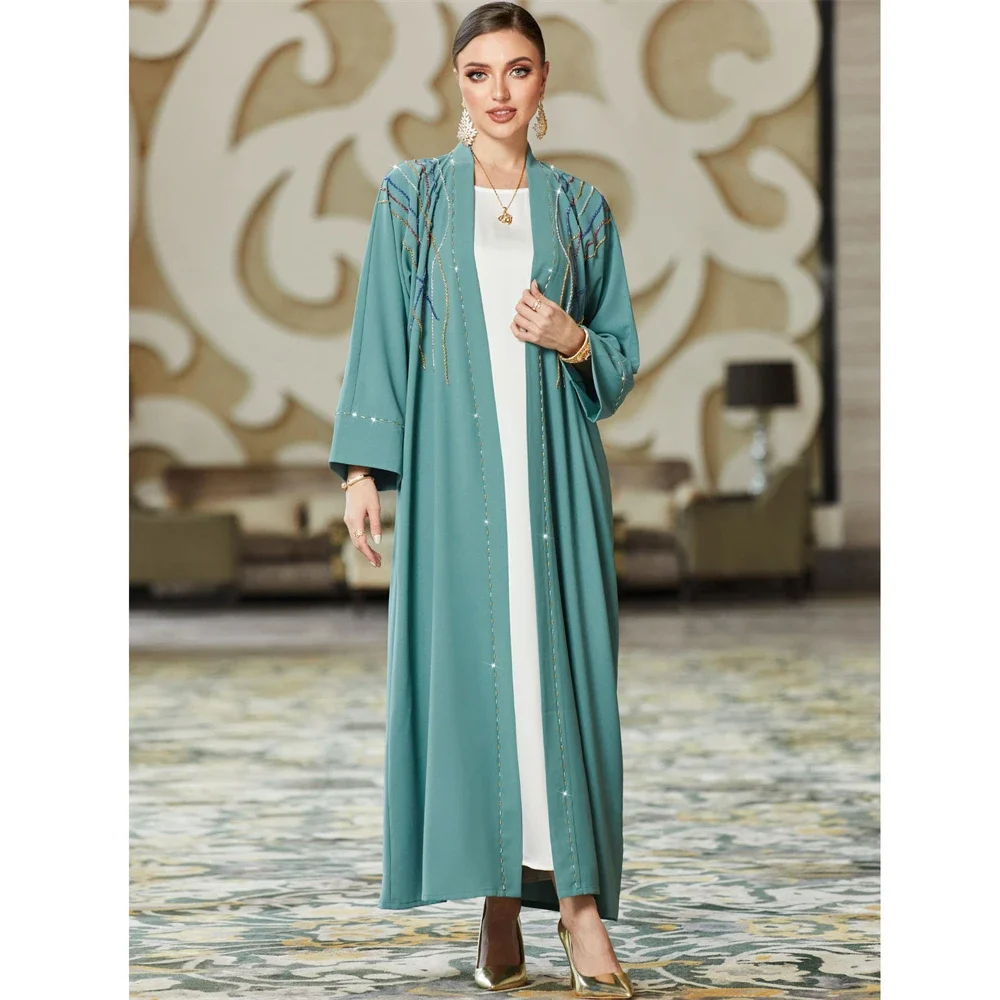 Moroccan Eid Party Diamonds for Elegant Women Open Abayas Cardigan Dress Arab Dubai Islamic Kimono Gown Ramadan Evening Jalabiya