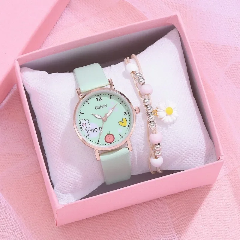 Fashion Students\' Clock Kids Watches Pink Cute Children\'s Wristwatch Cartoon Pattern Quartz Watch Set for Girls Relogio Feminino