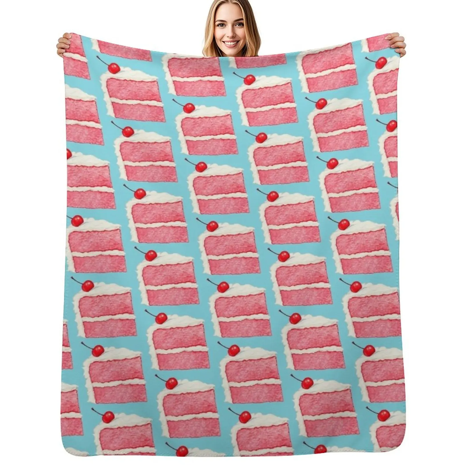 Cherry Cake Slice Pattern - Blue Throw Blanket Multi Purpose Soft Warm Blanket for Home Travel