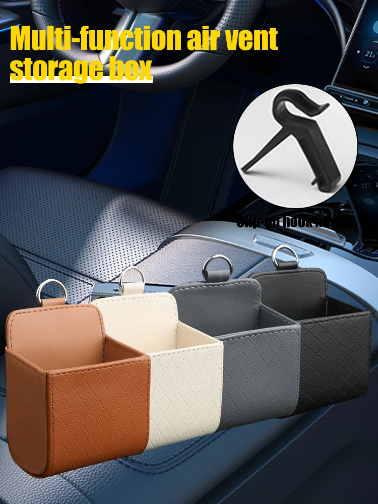 Car Leather Storage Basket Retro Auto Interior Air Vent Storage Bag Cellphone Holder Pounch Box with Hook In Stock