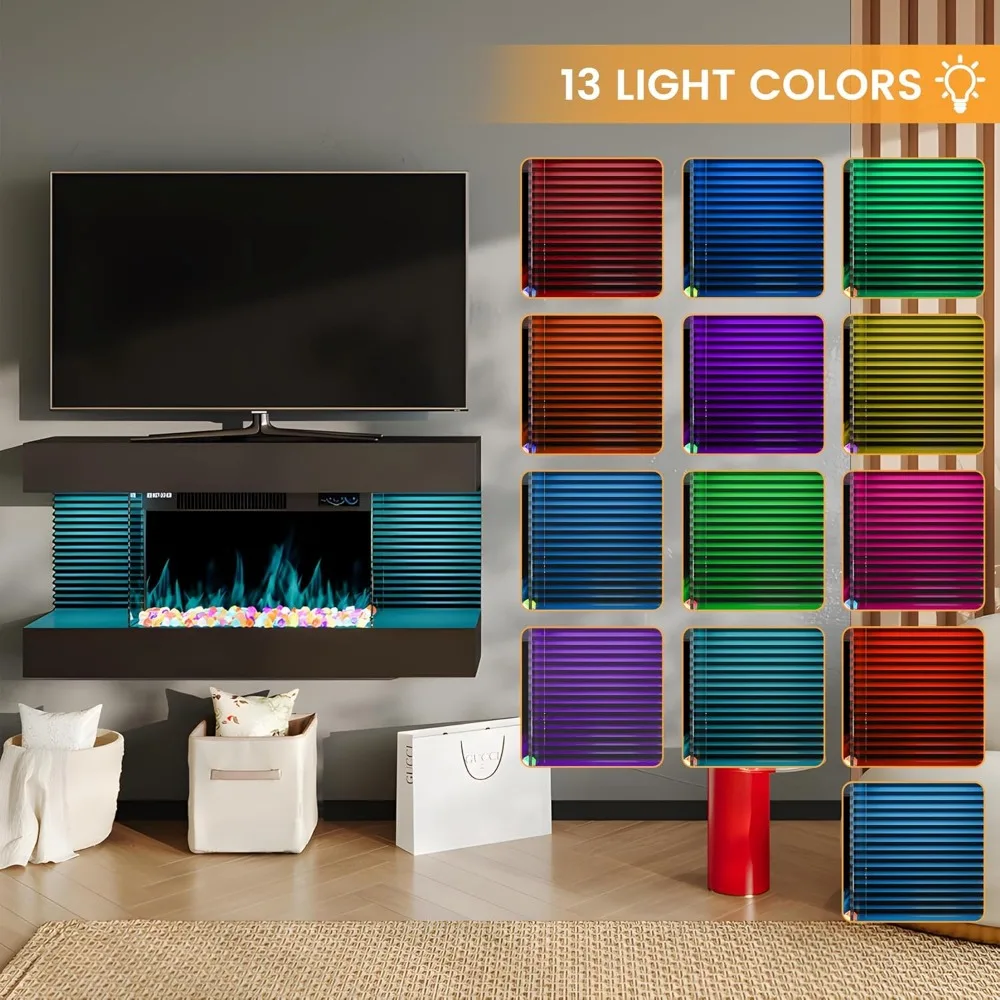 مدفأة كهربائية مثبتة مقاس 18 بوصة مع رف عائم مقاس 32 بوصة، وحدة الكل في واحد تتميز بأحجار كريستال ملونة