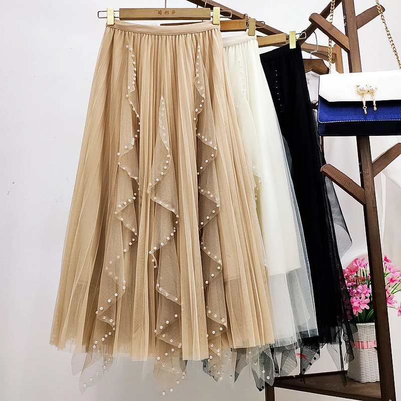 

Fashion Beading Tulle Skirts Womens 2023 Summer White Elastic High Waist Mesh Skirts Long Pleated Tutu Skirt Female Jupe Longue