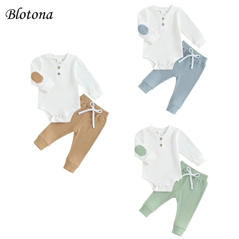 

Blotona Baby Boys Girls Pants Set, Long Sleeve V-Neck Contrast Color Ribbed Romper with Pants Spring Fall Outfit 0-24Months