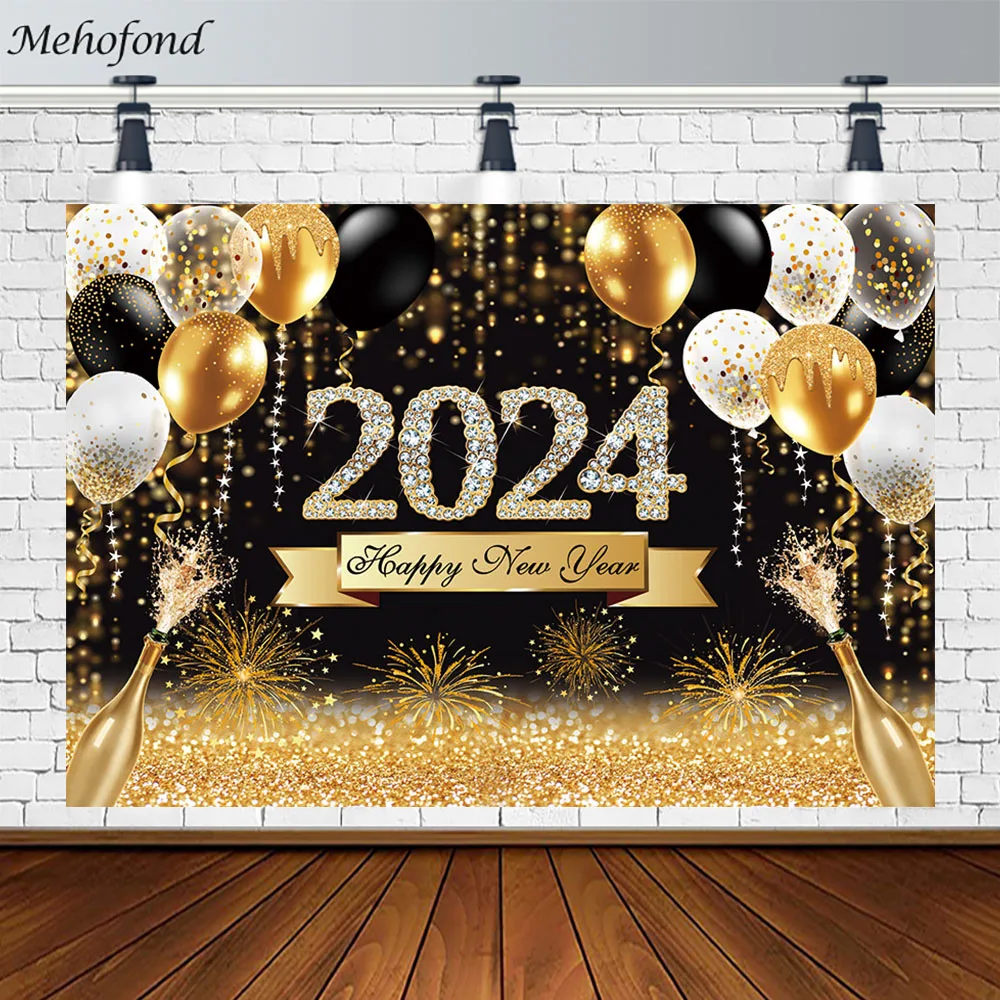 

Mehofond Happy New Year 2024 Backdrop Black Gold Glitter Balloon Champagne Fireworks Birthday Decoration Photography Background