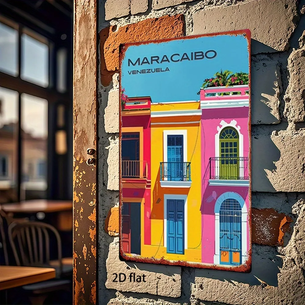 2D شقة خمر Maracaibo فنزويلا جدار الفن المعدني - فن القصدير الحديدي المعمارية البندقية الملونة. لديكور المنزل/البار/المرآب