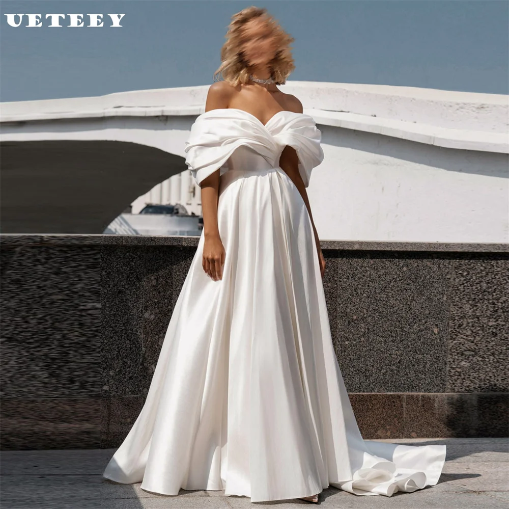 

UETEEY Customized Simple V Neck Pleats Satin Wedding Dress Women Off Shoulder A Line Lace Up Back Court Train Bridal Gown